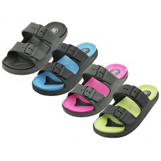 S2710L-A - Wholesale Women's " EasyUSA " Super Soft Double Strap With Side Buckle Upper Sandals ( *Asst. Black/Black Turquoise. Lime & Hot  Pink ) 